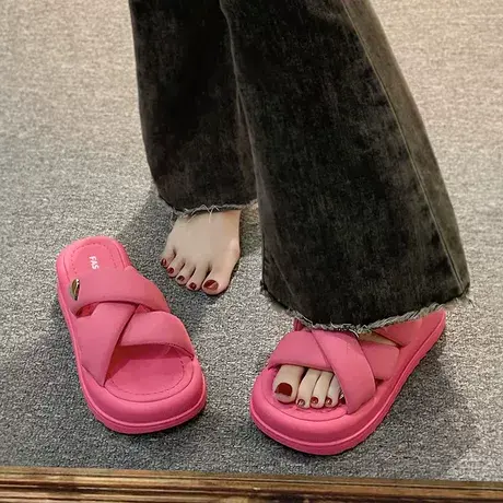 网红拖鞋女夏外穿小众高级感2024新款黑色超火增高厚底凉拖沙滩鞋商品大图