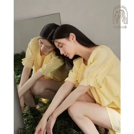 妮狄娅2024睡衣女夏季纯棉短袖法式方领甜美时尚可外穿家居服套装商品大图