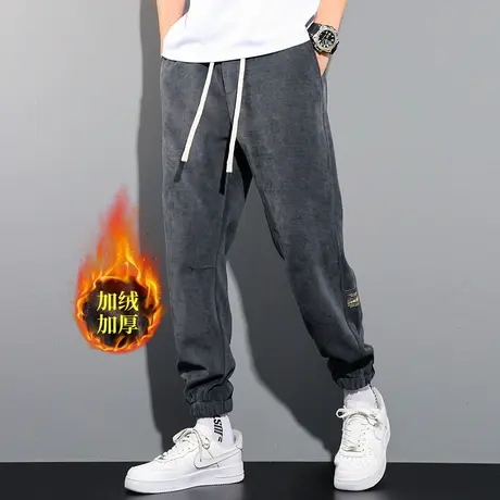 美式重磅雪尼尔休闲裤男冬季加绒厚款灯芯绒宽松大码灰色束脚卫裤商品大图