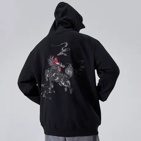 国潮麒麟刺绣中国风青年潮牌帽衫纯棉加绒加厚嘻哈宽松连帽卫衣男商品大图