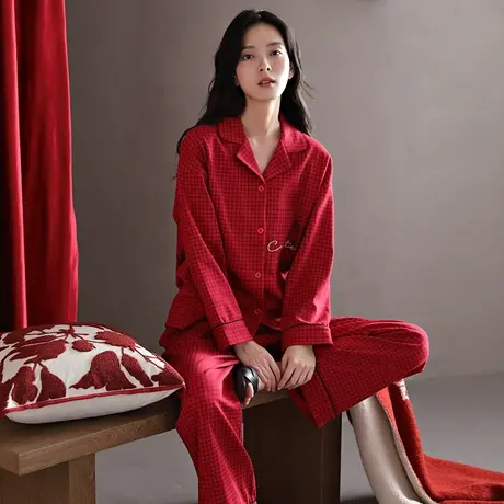 婷美红色睡衣女士春秋季纯棉长袖开衫翻领两件套新婚秋冬款家居服商品大图