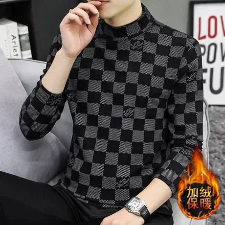 男士德绒打底衫秋冬半高领加绒加厚保暖内衣青少年休闲弹力上衣服商品大图