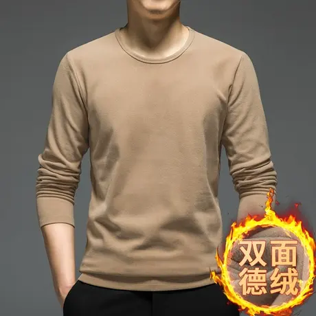 德绒打底衫男士长袖t恤纯色秋冬加绒保暖双面绒内搭秋衣圆领体恤商品大图