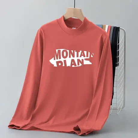 240g重磅纯棉t恤男长袖半高领内搭打底衫中领全棉体恤印花秋衣服商品大图