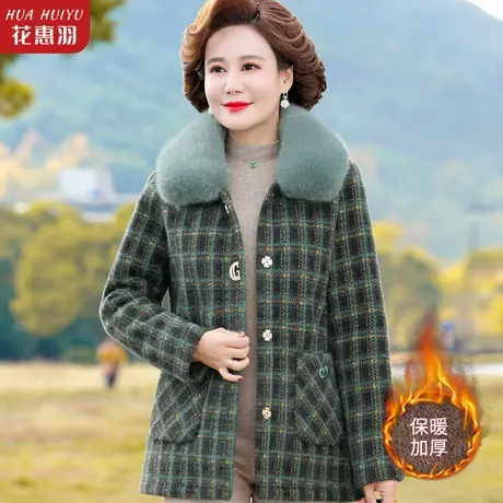 中老年女秋冬加厚冬款外套格子妈妈冬装洋气毛呢上衣加绒毛呢棉衣商品大图