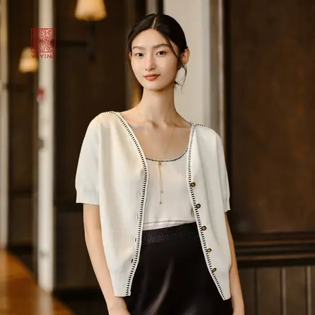 EP雅莹高端系列 气质v领修身显瘦短袖针织开衫 2023新款9108A商品大图