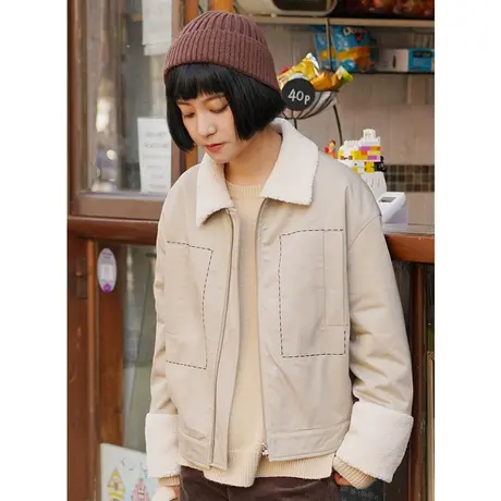 omont蛋挞家 复古宽松加厚羊羔毛领短款棉服女学生保暖棉衣冬季图片