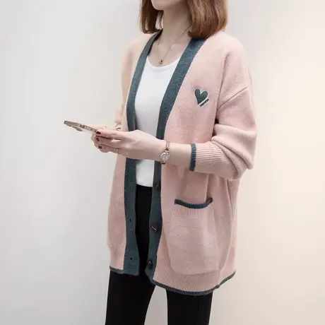 v领针织开衫女2023春秋新款宽松慵懒风外穿上衣中长款毛衣外套潮图片