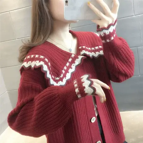 2022年秋装新款红色女士毛衣外套韩版宽松外穿娃娃领针织开衫上衣商品大图