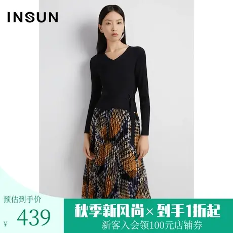 恩裳春秋季时尚千鸟格印花压褶潮流毛衫拼接连衣裙图片