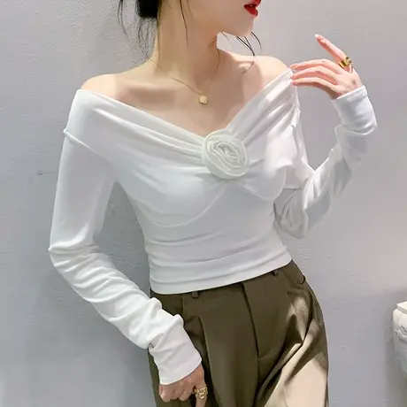 欧货设计感小众T恤女长袖秋季性感露肩一字领上衣百搭修身打底衫图片