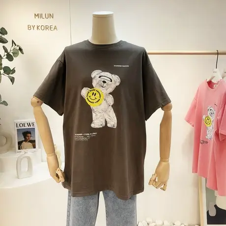2021夏季新款韩国东大门ins小众设计感潮笑脸小熊短袖T恤包臀宽松商品大图