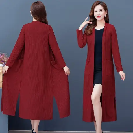 纯色百搭中长款妈妈针织开衫女2022秋冬新款宽松复古大码毛衣外套图片