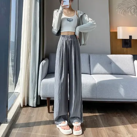 灰色冰丝阔腿裤女夏薄款高腰垂感宽松慵懒风山本裤棉麻直筒休闲裤图片