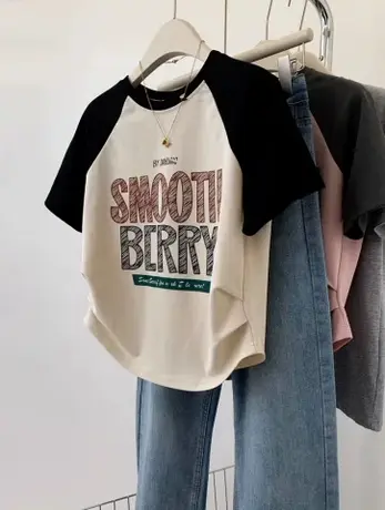 夏日chic复古大码辣妹短款上衣插肩袖正肩T恤女ins潮纯棉修身短袖图片