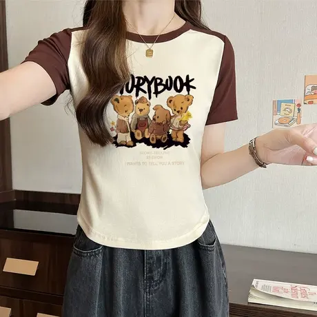 纯棉插肩袖短款正肩短袖女2023夏季新款修身美式t恤洋气减龄上衣图片