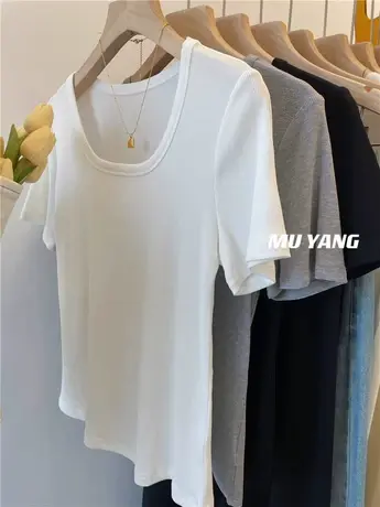 回馈价！修身显瘦高弹力方领露锁骨螺纹短袖T恤女短款高腰上衣服商品大图