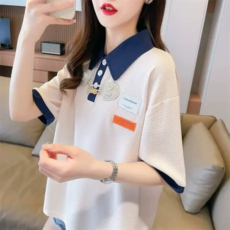 设计感小众短袖t恤女2023新款夏季韩版宽松翻领polo衫假两件上衣图片