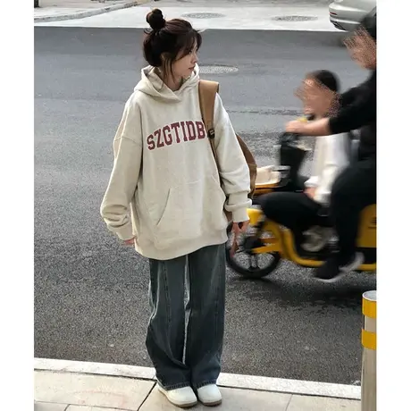 设计感印花字母卫衣女秋冬加绒加厚ins潮牌国潮宽松chic港味外套图片