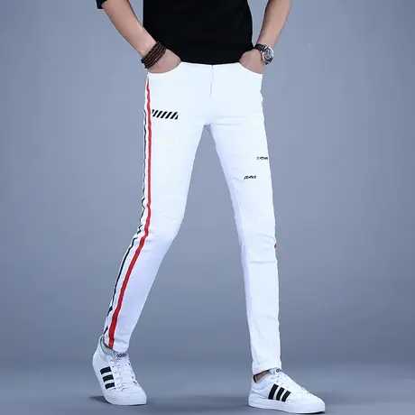2023男款男士拼接破洞白色牛仔裤男男款裤子修身小脚韩版休闲长裤商品大图