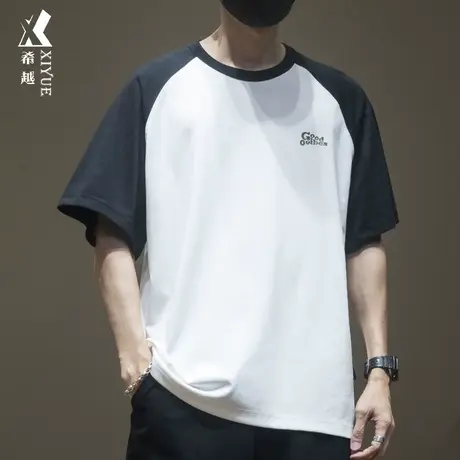 希越夏季260g美式重磅t恤男短袖拼接撞色大码潮流百搭五分袖衣服商品大图