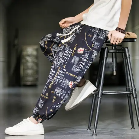 复古碎花哈伦裤男加肥大码宽松潮牌胖子中国风棉麻沙滩阔腿裤束脚商品大图