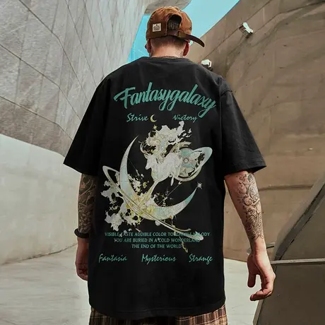 中国风复古国潮美式t恤男短袖大码加肥加大胖子潮牌宽松ins半截袖商品大图