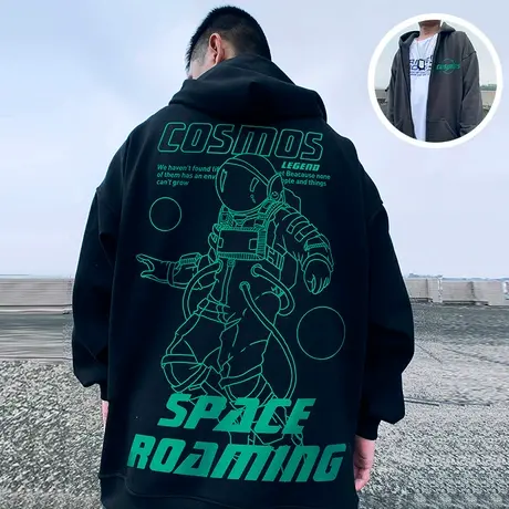 宇航员潮牌加绒开衫卫衣男胖子oversize连帽大码男装拉链外套潮流图片