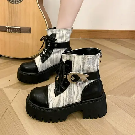 欧洲站马丁靴女秋季2023年新款厚底中筒时尚圆头牛仔布休闲短靴商品大图