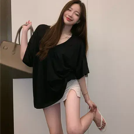 夏季大码v领短袖女装T恤胖mm200斤韩版宽松遮肉显瘦百搭纯色上衣商品大图