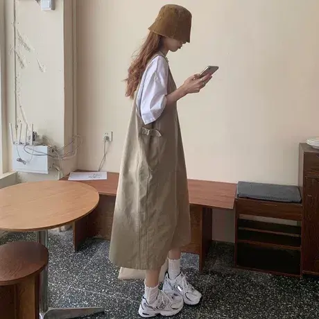 胖mm日系套装夏季新款超大码宽松显瘦背带连衣裙子女两件套200斤商品大图