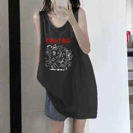 美式复古纯棉吊带运动坎肩背心无袖t恤女夏外穿宽松港风挂脖上衣商品大图