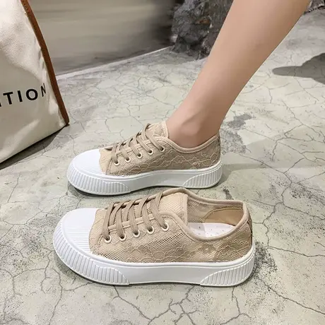 小黑鞋蕾丝帆布鞋女夏季薄款网面镂空厚底饼干鞋设计感小众网纱潮商品大图