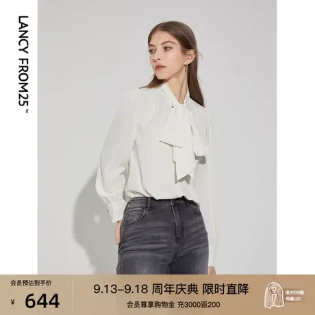 朗姿法式优雅纯色复古泡泡袖飘带领衬衣秋冬季新款蝴蝶结系带衬衫图片