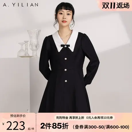 阿依莲娃娃领赫本风长袖连衣裙秋季2023新款女装收腰显瘦a字裙子图片