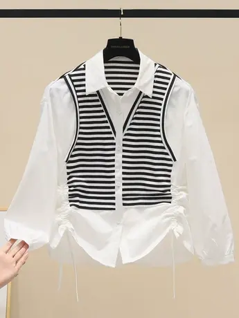 欧货条纹拼接假两件衬衫女2023春季新款小众设计感不规则长袖衬衣商品大图