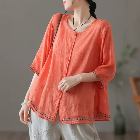 dza 复古白色古风苎麻短袖开衫夏薄款气质棉麻上衣女士五分袖开衫图片