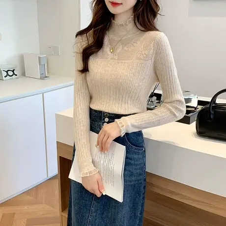蕾丝针织打底衫2023年新款早秋女内搭修身显瘦女上衣镂空打底毛衣图片