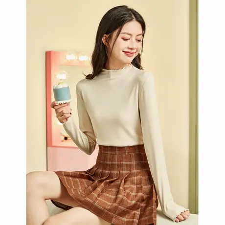 唐狮打底衫女半高领初秋新款净色上衣女木耳边秋季内搭针织衫商品大图