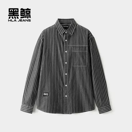 海澜之家旗下黑鲸黑白条纹长袖衬衫2025年秋季新品宽松休闲衬衣男图片