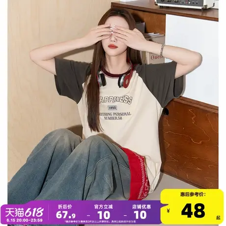 唐狮2025新款夏季美式短袖T恤女复古撞色插肩袖加厚纯棉休闲上衣商品大图