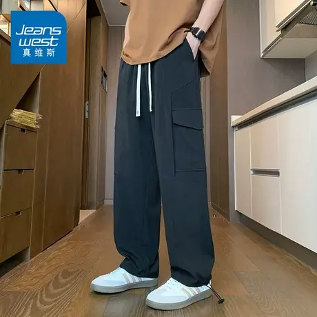 KZH真维斯伞兵休闲裤男夏季薄款宽松速干裤黑色潮流阔腿工装长裤商品大图