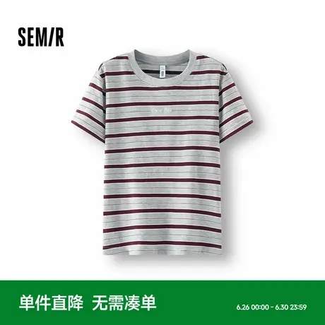 [商场同款]森马短袖T恤女正肩修身刺绣夏季2025新款复古条纹上衣图片