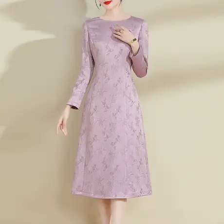 水墨青华2023冬装新品简约修身收腰提花连衣裙轻奢气质紫色A字裙图片