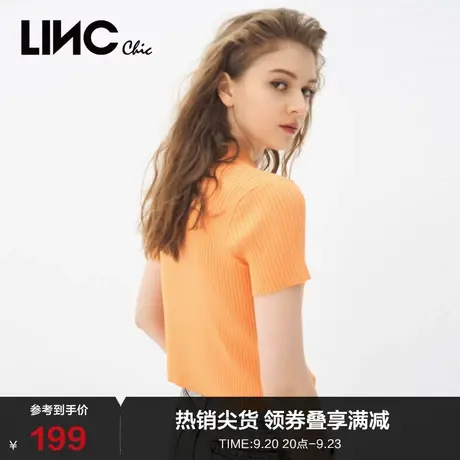 LINCCHIC金羽杰T恤女复古学院风纯色针织衫短袖女t恤S212SW089商品大图