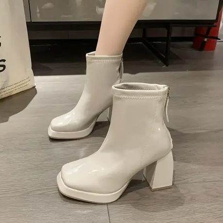 白色法式短靴女2023年新款粗跟方头高跟鞋增高配裙子瘦瘦靴马丁靴图片