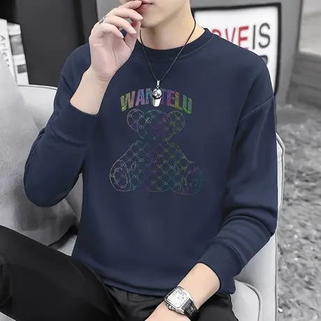 男士卫衣加绒宽松潮流潮牌小熊印花圆领长袖t恤套头无帽秋季上衣商品大图