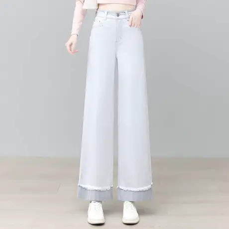 水洗棉牛仔窄版直筒裤女2025春秋新款九分裤高腰显瘦毛边阔腿裤商品大图