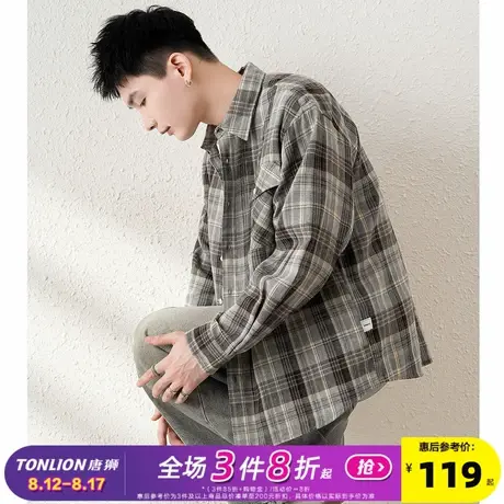 唐狮2025春季新款长袖衬衫男日系港风宽松衬衣青少年格子衬衫外套图片