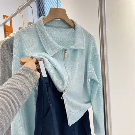 华夫格POLO领长袖卫衣女春秋薄款宽松显瘦百搭小个子短款上衣服潮商品大图